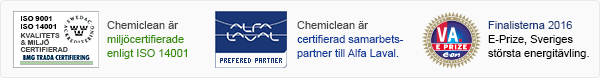Chemiclean är miljöcertifierade enligt ISO 14001 & certifierad samarbetspartner med Alfa Laval.
